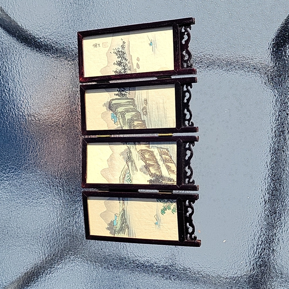Vintage Chinese 4 Panel Mini Screen Artist Hand Painted Silk Lacquer Wood Glass - Picture 5 of 13